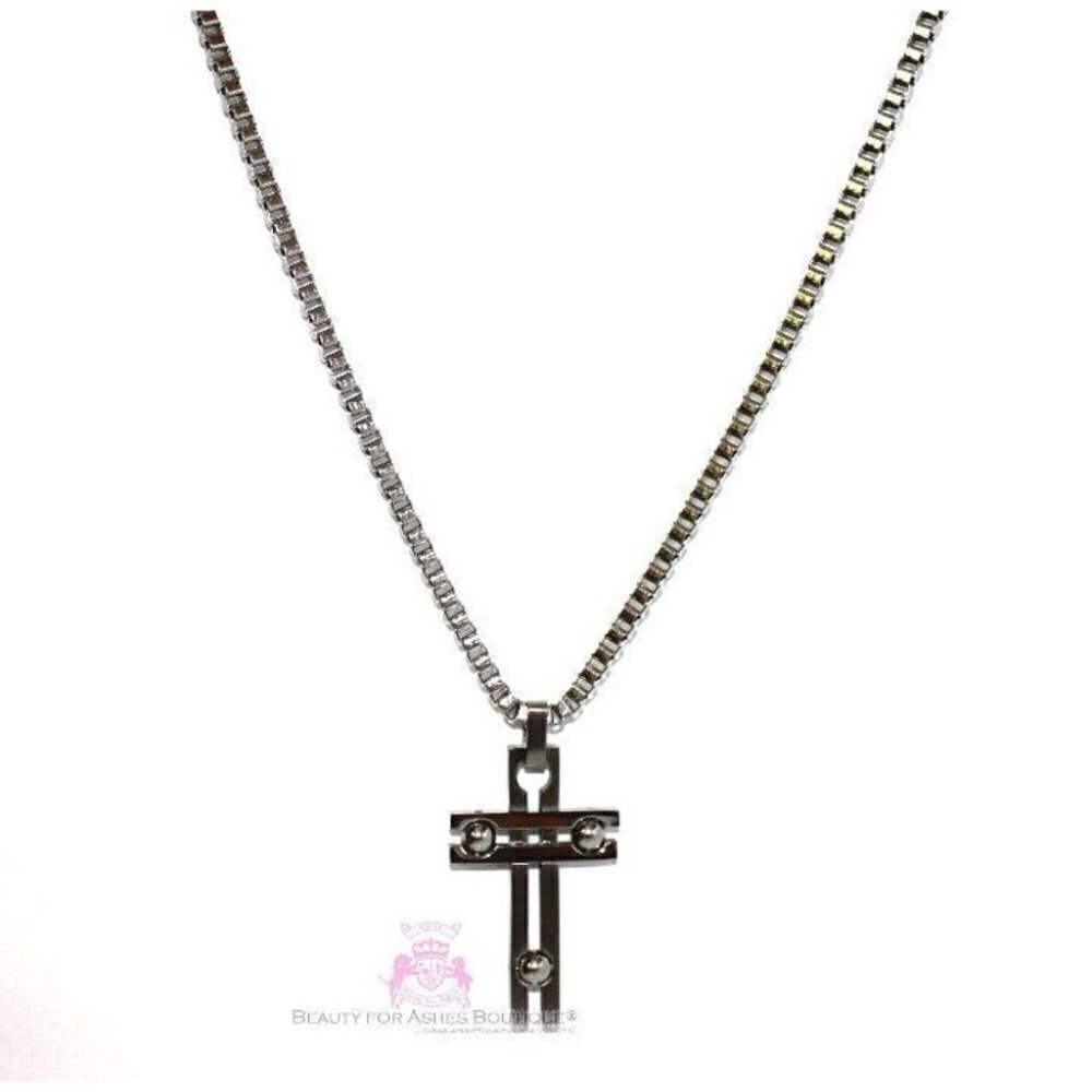 24" Mens Chain Stainless Steel Necklace Art Deco Cross Necklace